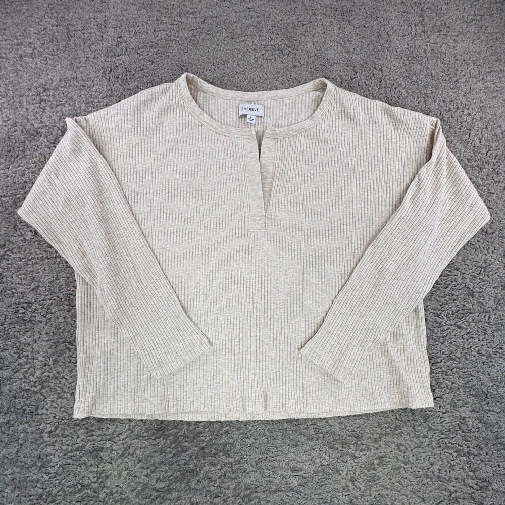 EVERVE Ribbed Knit Henley Vneck‎ Top Long Sleeve Beige Size L Preppy Minimal